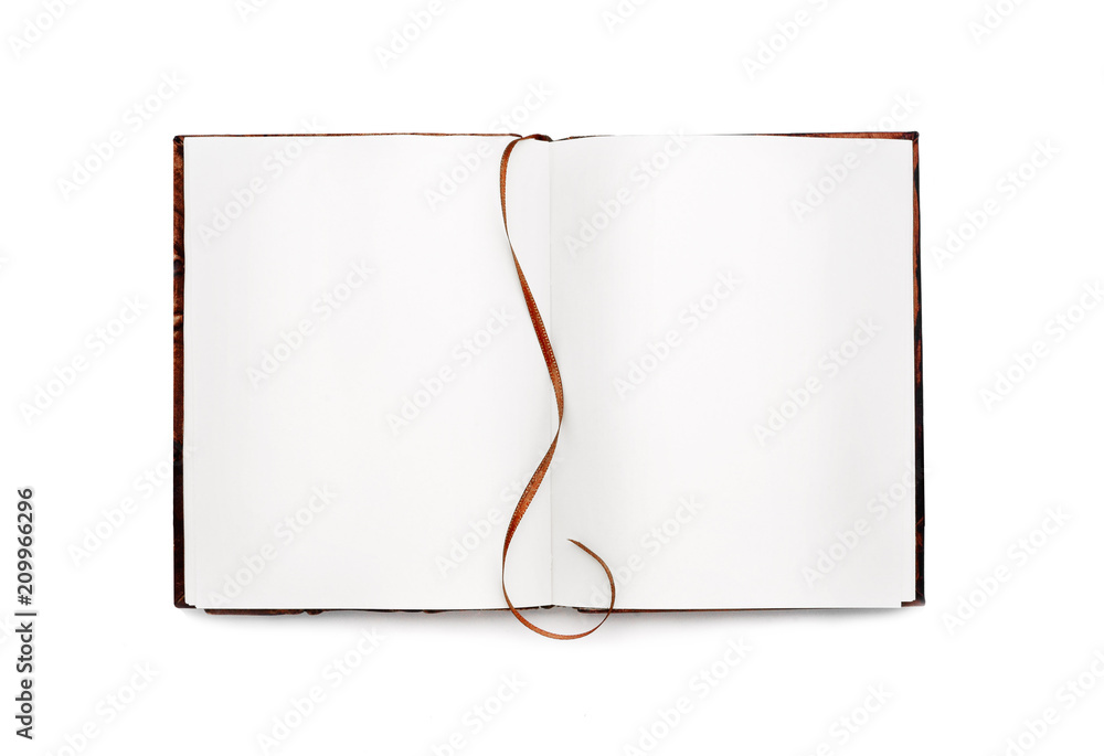 Open book with white pages, with a bookmark. Isolated. Vintage Top view. Open book with white pages, with a bookmark. Isolated. Vintage Top view.
