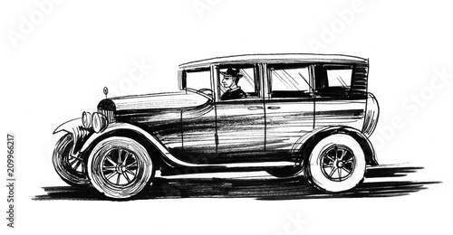 Speeding retro car. Ink black and white illustration