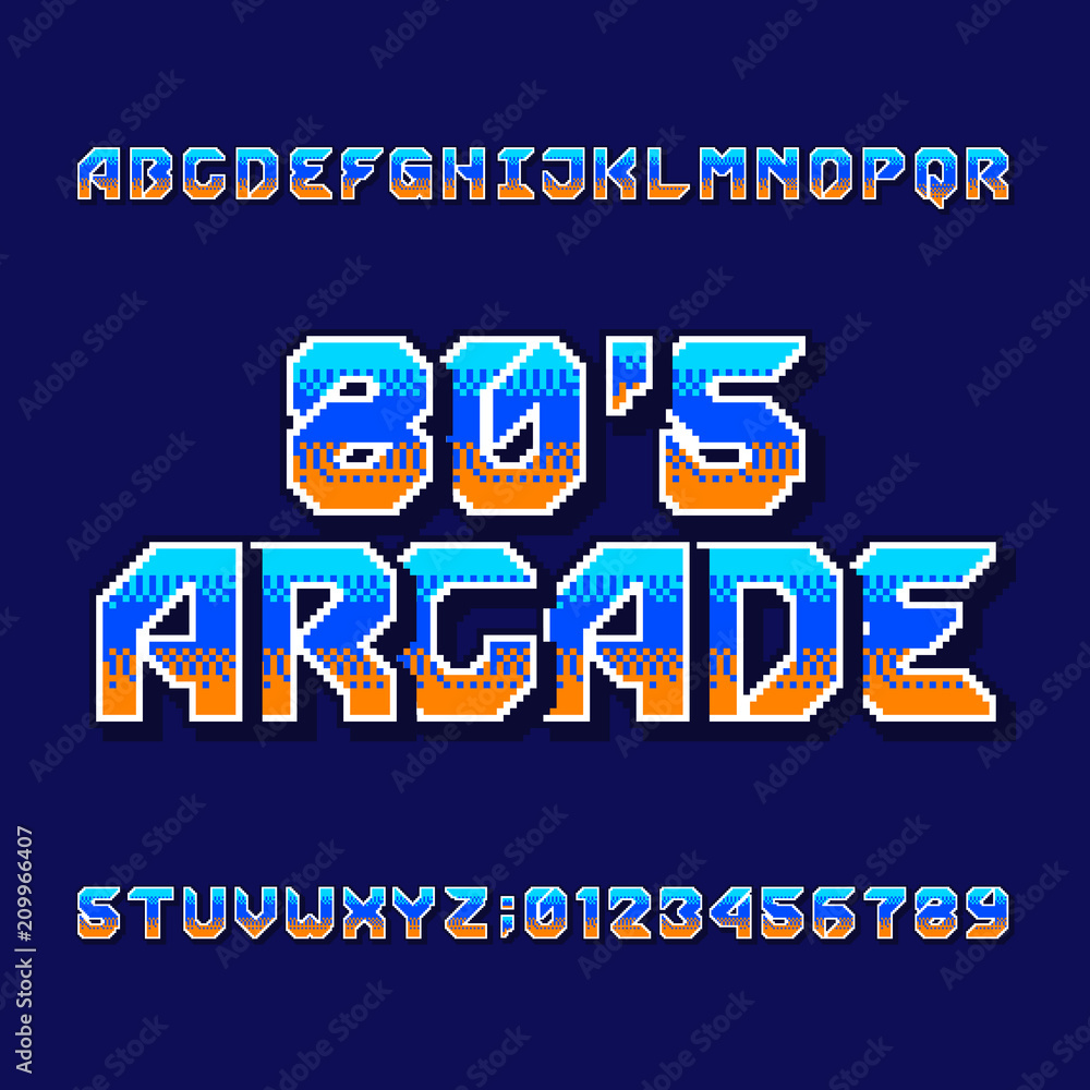 Retro style arcade games font. 80s video game alphabet letters and numbers  royalty free illustration