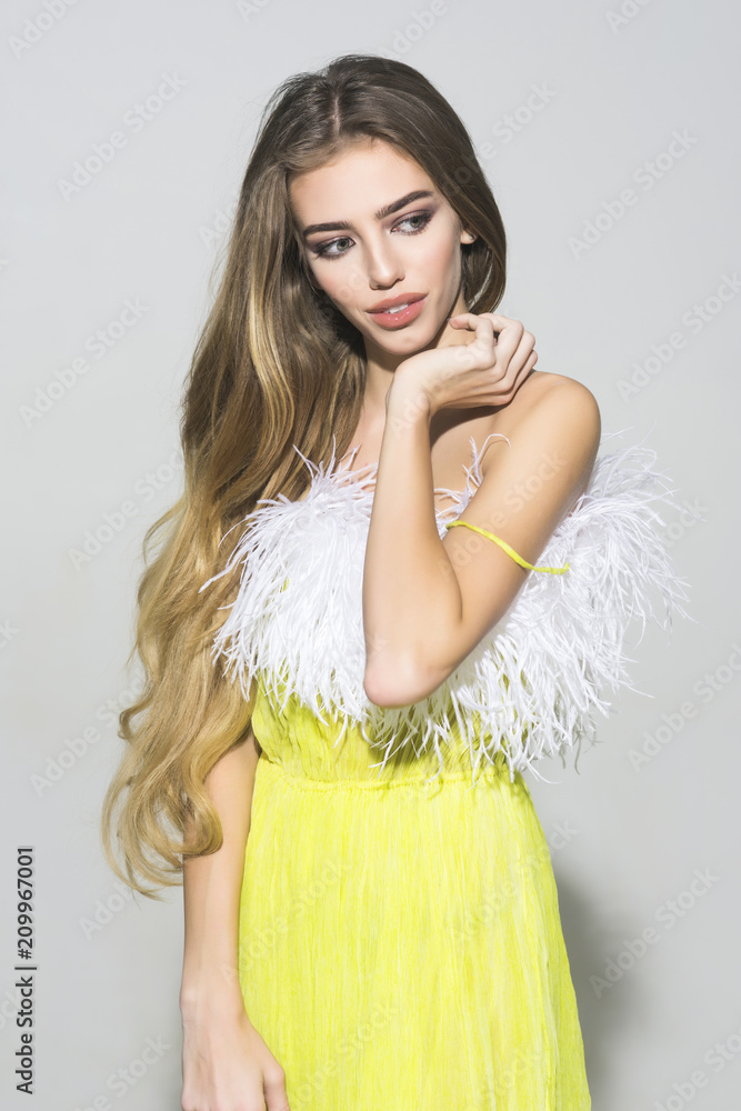 Beautiful makeup and yellow dress. Skin and face care. Blonde girl with  evening makeup. Girl in yellow dress. Beauty and fashion. Trendy clothes.  Teen fashion. Yellow dress. Stock Photo | Adobe Stock