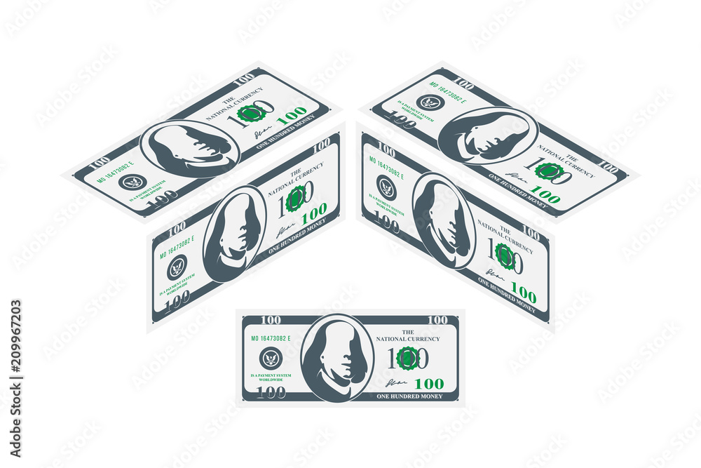 One hundred dollar banknote in isometric. Money in different angles. Flat vector illustration EPS10 One hundred dollar banknote in isometric. Money in different angles. Flat vector illustration EPS10