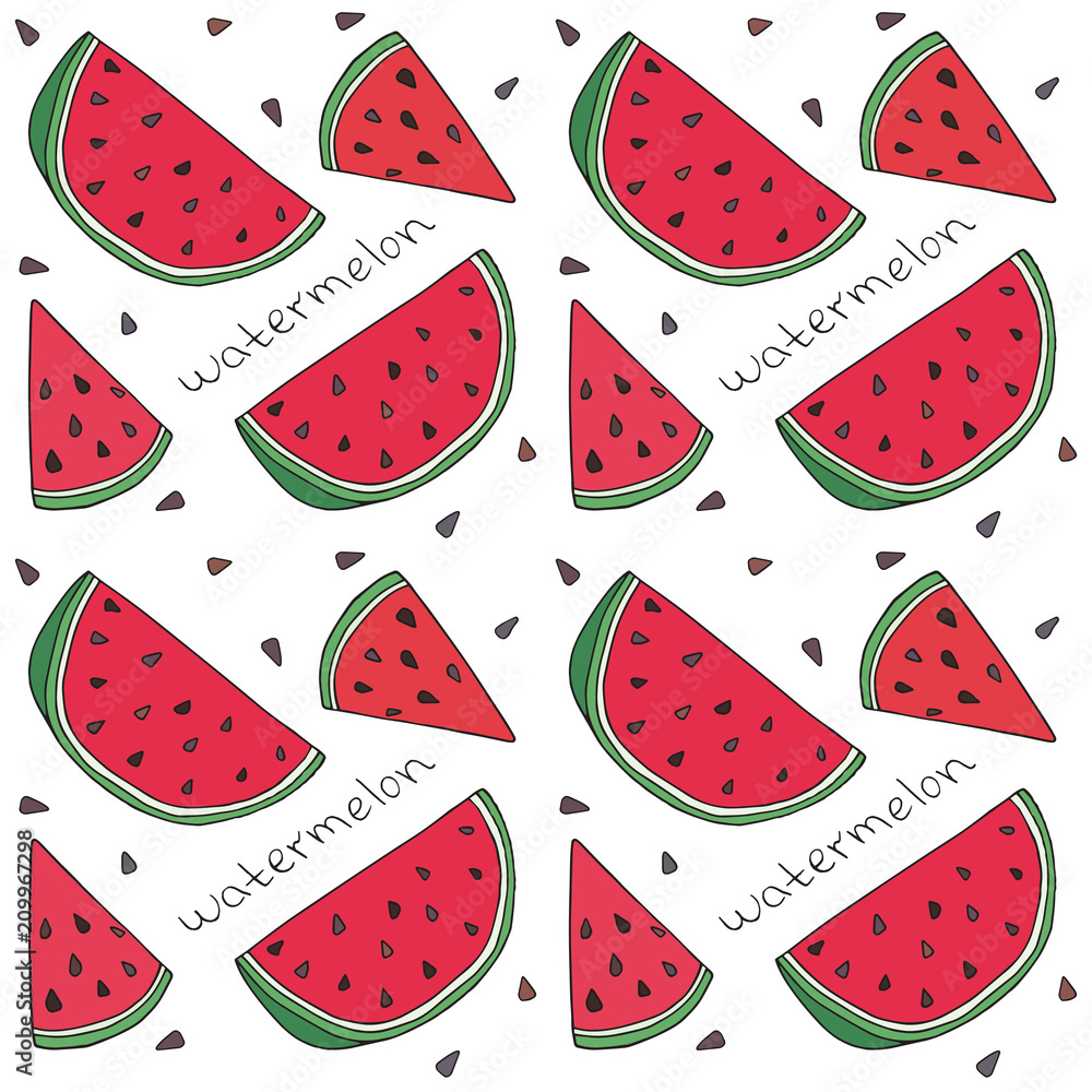 Pattern of sweet juicy watermelon seamless pattern. Summer exotic food. Beautiful hand drawn illustration Pattern of sweet juicy watermelon seamless pattern. Summer exotic food. Beautiful hand drawn illustration