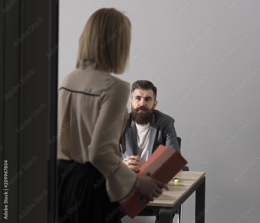 Female job applicant arrives at interview, gives resume to friendly hr recruiter, customer manager receives application from client, boss takes document for signing, first impression Female job applicant arrives at interview, gives resume to friendly hr recruiter, customer manager receives application from client, boss takes document for signing, first impression