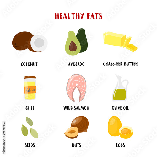 Food with Healthy fats and oils icons set isolated on white. Vector cartoon style illustration