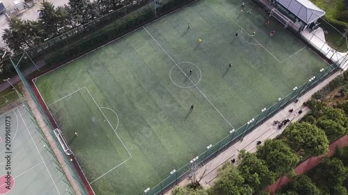 Aerial view of a Soccer Play on the grass football field