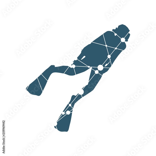 Silhouette of diver. Icon diver. The concept of sport diving. Textured by connected lines with dots.