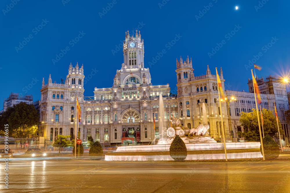Plaza de Cibeles in Madrid with the Palace of Communication at night
