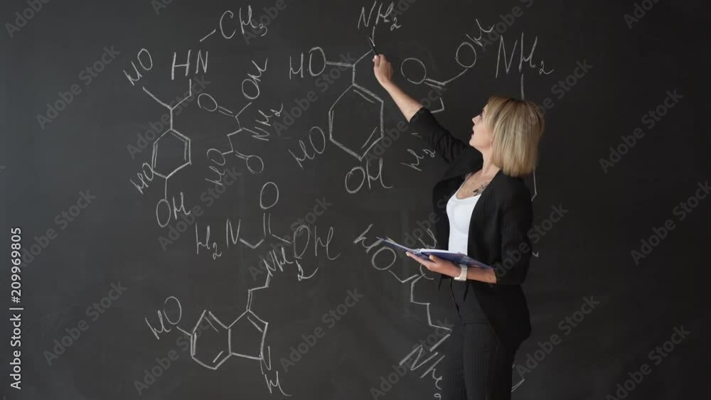 Teacher writing formulas on the chalk Board and explains the students the formula. Teacher writing formulas on the chalk Board and explains the students the formula.