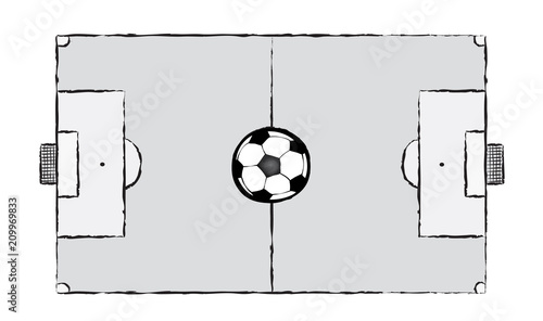 Football field and soccer ball. Sport vector moments for tournament. Drawing design in doodles style.