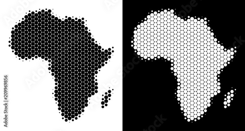 Pixel halftone Africa map. Vector geographic map on white and black backgrounds. Abstract collage of Africa map designed of sphere dots.