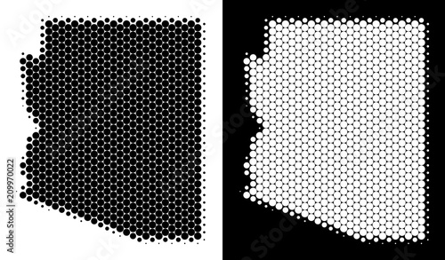 Pixel halftone Arizona State map. Vector geographic scheme on white and black backgrounds. Abstract mosaic of Arizona State map composed with sphere elements. photo