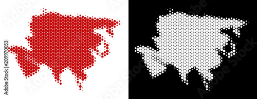 Dot halftone Asia map. Vector geographic plan on white and black backgrounds. Abstract concept of Asia map organized with circle items.