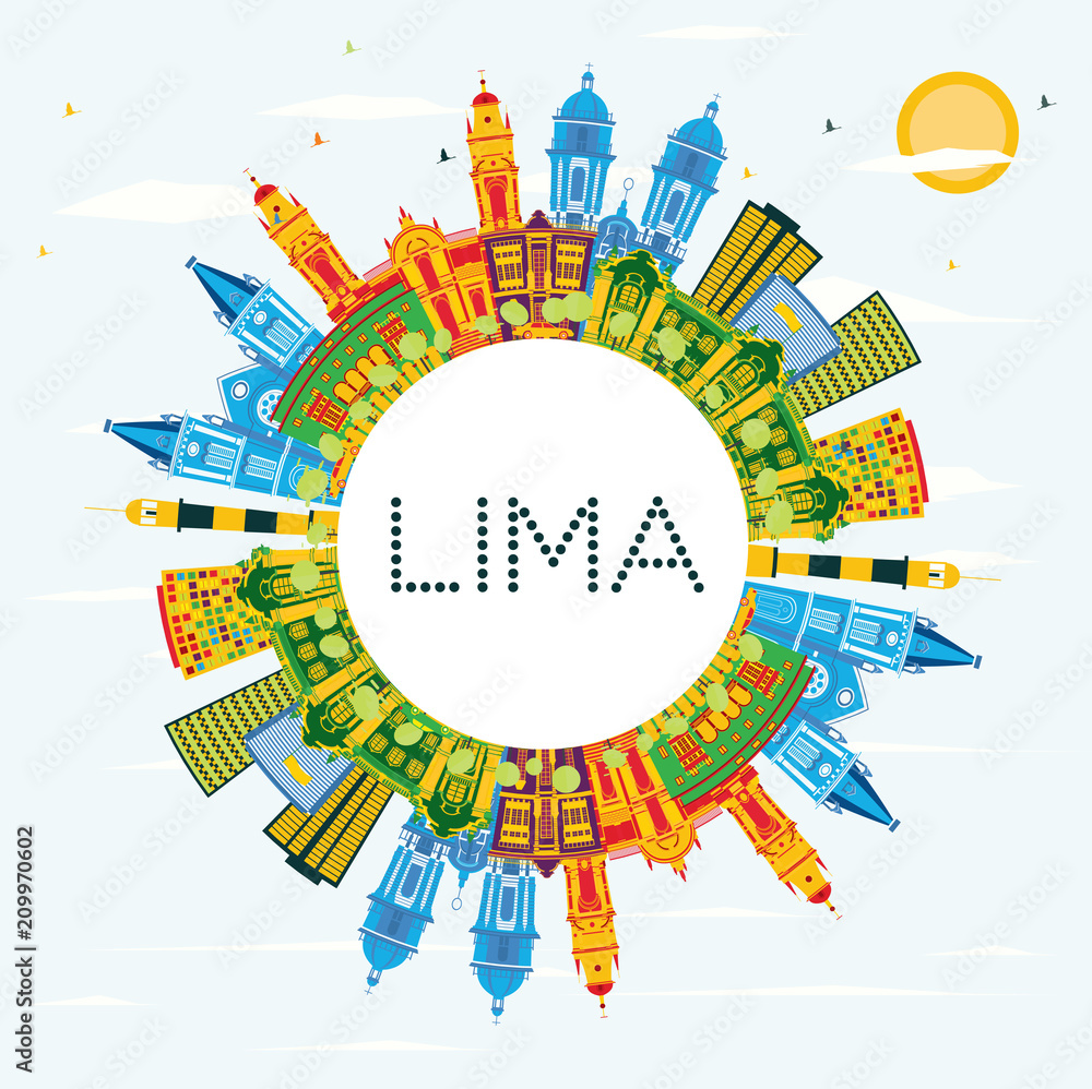 Lima Peru City Skyline with Color Buildings, Blue Sky and Copy Space.