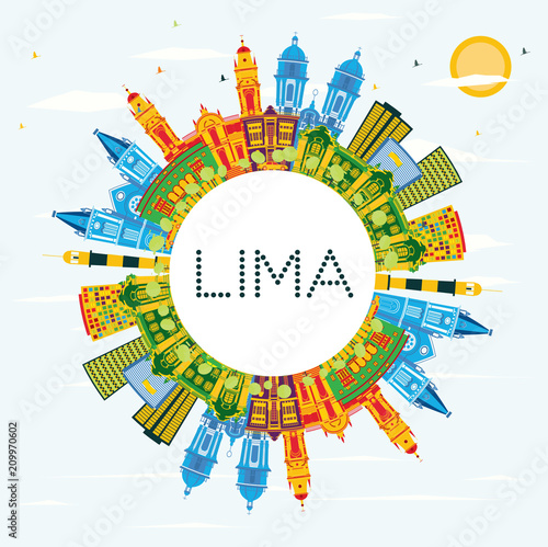 Lima Peru City Skyline with Color Buildings, Blue Sky and Copy Space.
