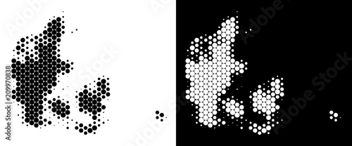 Dotted halftone Denmark map. Vector geographic scheme on white and black backgrounds. Abstract mosaic of Denmark map organized of round pixels.