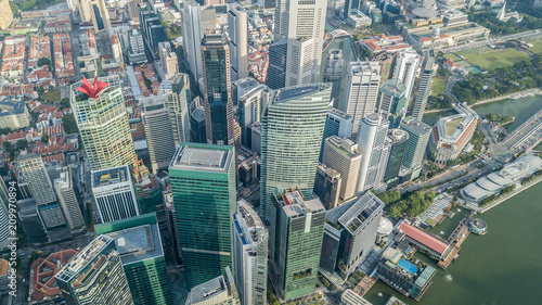Photography Aerial top view Singapore city skyline.