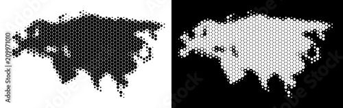 Dotted halftone Eurasia map. Vector geographic scheme on white and black backgrounds. Abstract concept of Eurasia map organized from spheric elements.