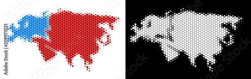 Dotted halftone Europe and Asia map. Vector geographic plan on white and black backgrounds. Abstract composition of Europe and Asia map made from spheric dots.
