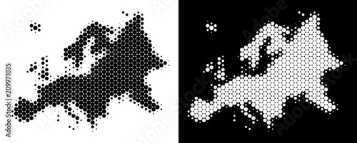 Dot halftone Europe map. Vector geographic scheme on white and black backgrounds. Abstract mosaic of Europe map composed of spheric items.