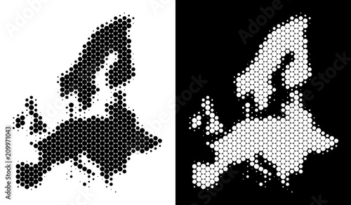 Pixel halftone European Union map. Vector geographic map on white and black backgrounds. Abstract composition of European Union map composed of round elements.