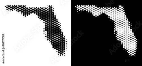 Dot halftone Florida map. Vector geographic map on white and black backgrounds. Abstract collage of Florida map organized with spheric pixels.