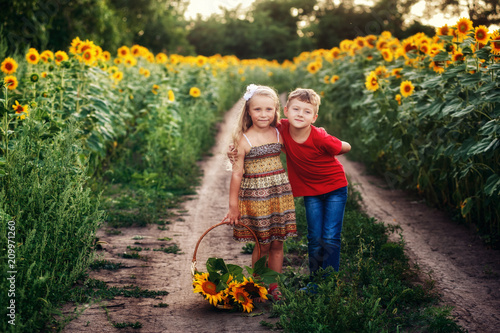 Beautiful children in the field with sunflowers