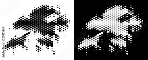 Dot halftone Hong Kong map. Vector geographic plan on white and black backgrounds. Abstract concept of Hong Kong map done from round pixels.