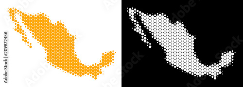 Dot halftone Mexico map. Vector geographic map on white and black backgrounds. Abstract collage of Mexico map constructed with round dots.