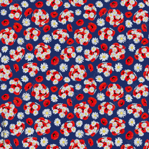 Daisy and Poppy Bunches Seamless pattern on Blue Background. Patriotic Colors Floral Seamless Rapport for Print, Background, and Textile. Wildflower Bouquets Pattern for Summer Fun Design.