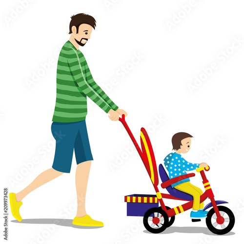 Father and child on a tricycle on a white background.