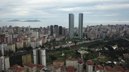 Aerial drone view of the city buildings and Skyscrapers near the sea Bosphorus in Istanbul, Turkey