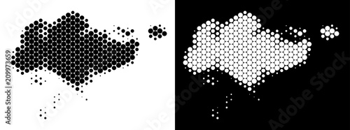 Dot halftone Singapore map. Vector geographic plan on white and black backgrounds. Abstract collage of Singapore map made with spheric dots.