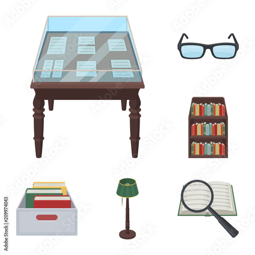 Library and bookstore cartoon icons in set collection for design. Books and furnishings vector symbol stock web illustration.