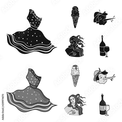 Italian dress, gelato, pinocchio, goddess of love. Italy set collection icons in black,monochrome style vector symbol stock illustration web.