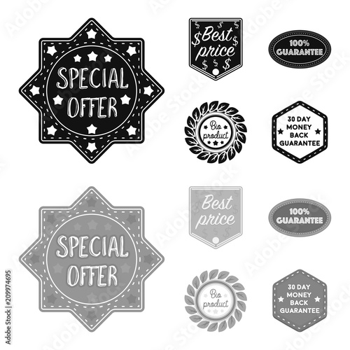 Special offer, best prise, guarantee, bio product.Label,set collection icons in black,monochrome style vector symbol stock illustration web.