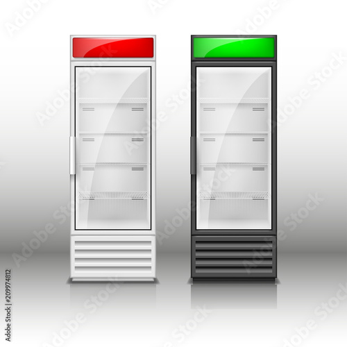 Empty fridge glass sliding doors. Modern Supermarket beverage freezer equipment template. Refrigerator freeze equipment for drinks and food. Vector illustration