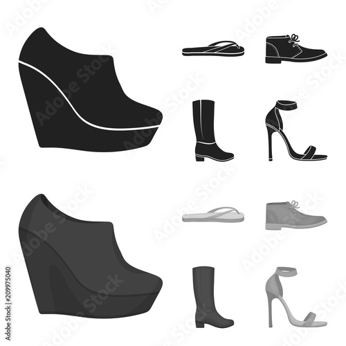 Autumn black shoes on a high platform, flip-flops green for relaxation, sandy men autumn shoes, high brown boots. Shoes set collection icons in black,monochrome style vector symbol stock illustration