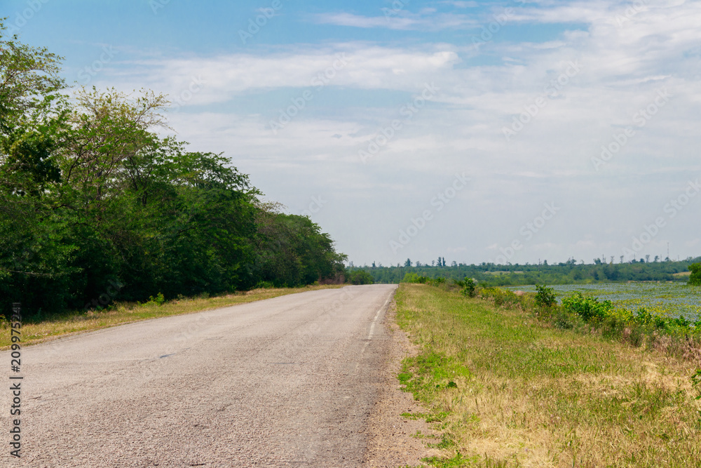 Summer landscape with country asphalt road and blue sky
