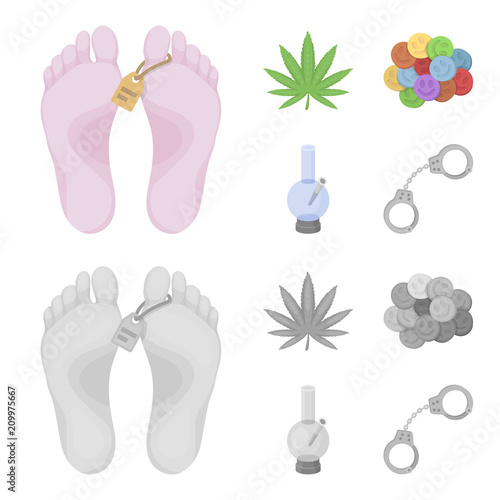 Hemp leaf, ecstasy pill, handcuffs, bong.Drug set collection icons in cartoon,monochrome style vector symbol stock illustration web.