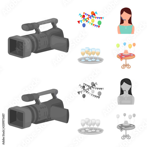 Garland with flags and balls, leading celebration with a microphone, a tray with glasses with champagne, a table covered with a tablecloth with plates, cake and balls. Event services set collection