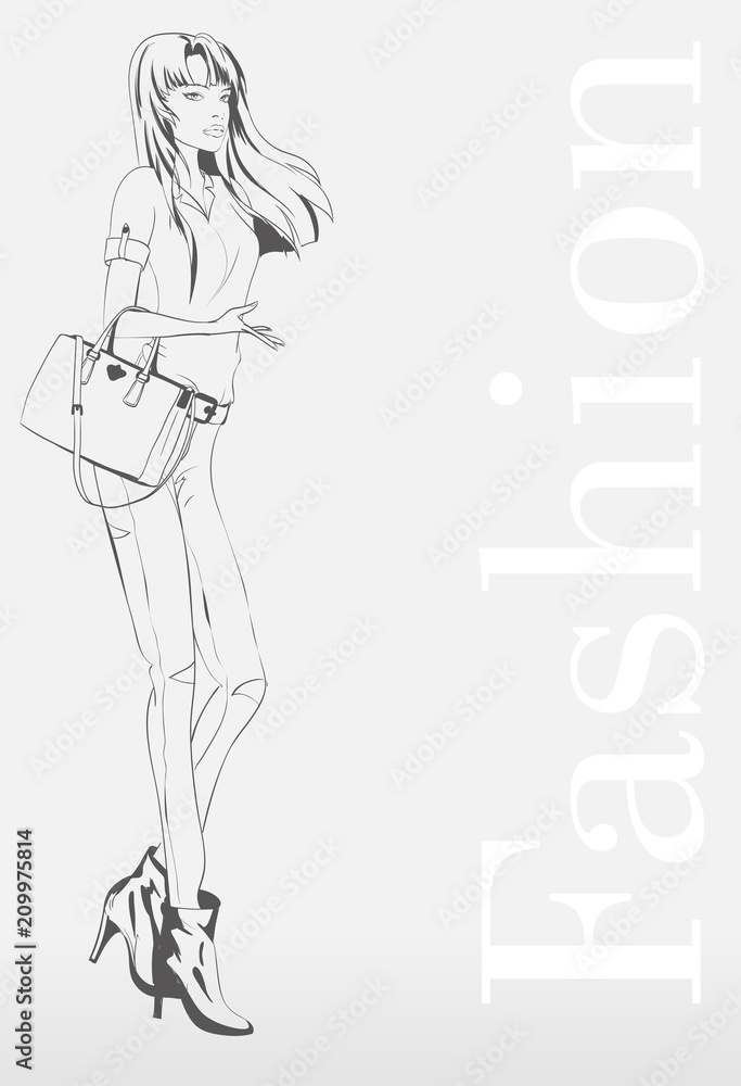 Fashion girl. Beautiful young woman posing in handbag and blouse. Vector illustration.