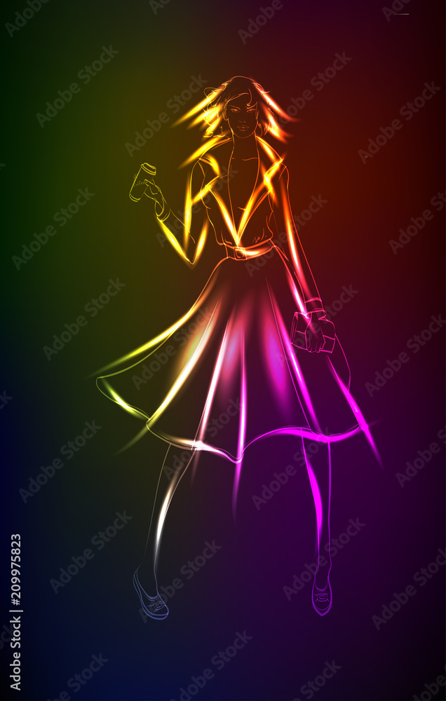 Fototapeta premium Hand-drawn fashion model from a neon. A light girl's. Fashion illustration.