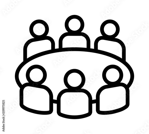 Team business meeting with teamwork and collaboration line art vector icon for apps and websites