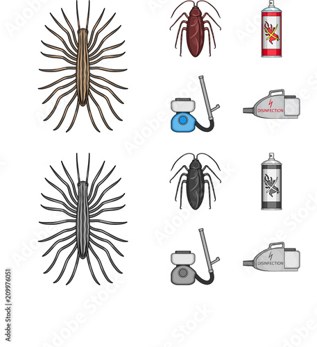 Cockroach and equipment for disinfection cartoon,monochrome icons in set collection for design. Pest Control Service vector symbol stock web illustration.