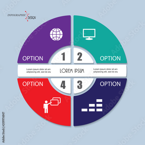 infographic vector circle template with 4 steps, parts, options, sectors, stages. Can be used for graph, pie chart, workflow layout, cycling diagram, brochure, report, presentation, web design