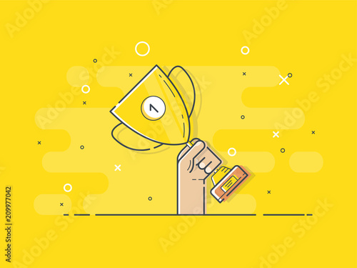 Gold cup in hands. Hand holding winner's trophy award. Trendy flat vector on yelow  background. Vector Illustration. 