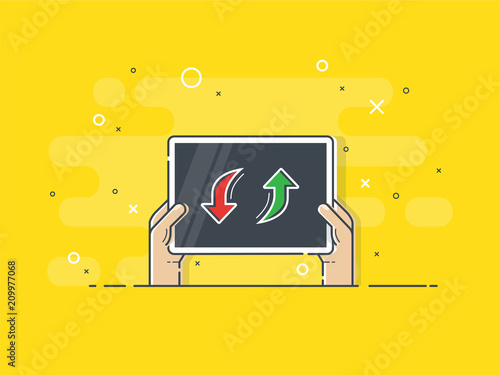 Hands holding player substitution board. Trendy flat vector on yellow background. Vector Illustration. 