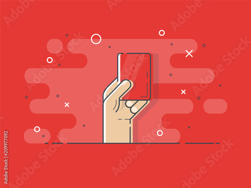 Red card in hand. Referee hand holding red card. Trendy flat vector on red background.