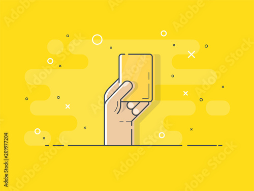 Yellow card in hand. Referee hand holding yellow card. Trendy flat vector on yellow background.