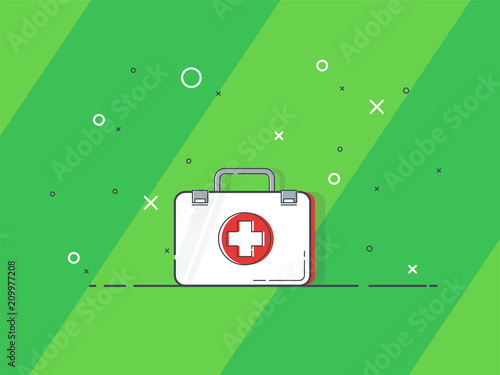 First aid kit medical. Health, help and medical diagnostics concept. Trendy flat vector on green background.